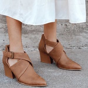 Qupid Nava Tan Wood Heel Collection X Band Bootie